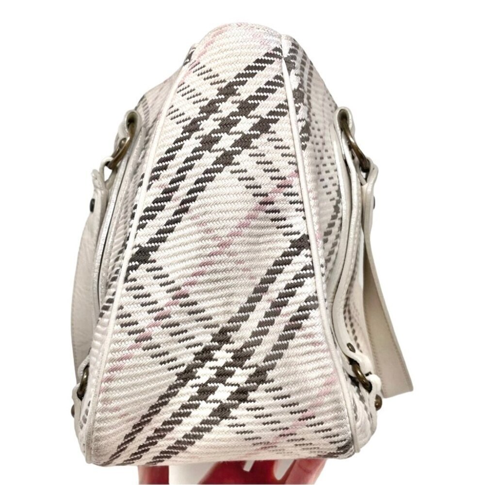 Burberry Blue Label Cream Cotton and Leather Plaid Satchel Shoulder Bag - Picture 6 of 15